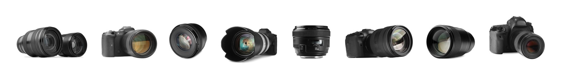 Image of Photo cameras and lenses isolated on white, set