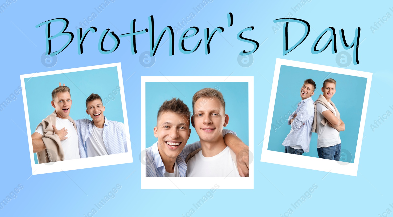 Brother's day. Photos of young men on blue gradient background, collage Image of Brother's day. Photos of young men on blue gradient background, collage