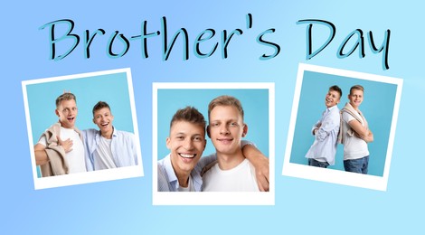 Image of Brother's day. Photos of young men on blue gradient background, collage