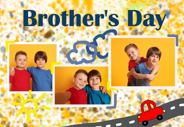 Image of Brother's day. Collage with photos of boys and drawing of car on color background, collage