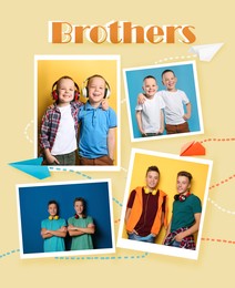 Image of Collage with photos of smiling boys, word Brothers and paper airplanes on beige background