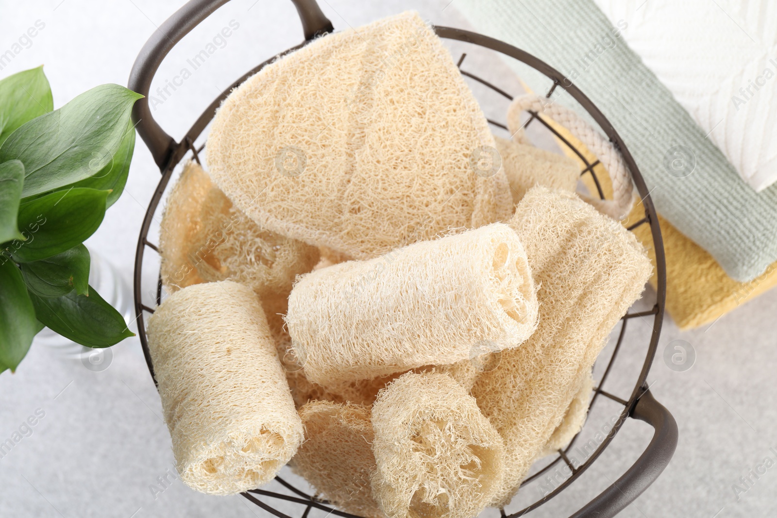 Different loofah sponges in basket and towels on light grey table, flat lay Photo of Different loofah sponges in basket and towels on light grey table, flat lay