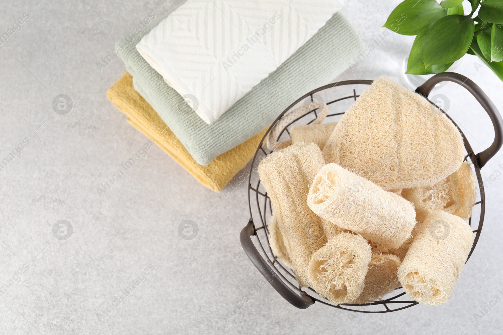 Different loofah sponges in basket and towels on light grey table, flat lay. Space for text Photo of Different loofah sponges in basket and towels on light grey table, flat lay. Space for text