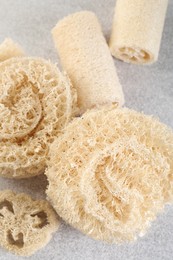 Photo of Different loofah sponges on light grey table, above view