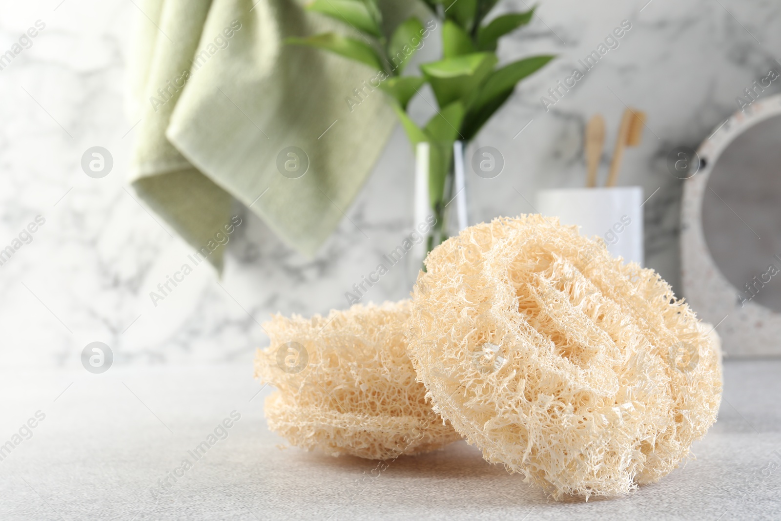 Different loofah sponges on light grey table, closeup. Space for text Photo of Different loofah sponges on light grey table, closeup. Space for text