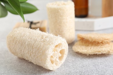 Photo of Different loofah sponges on light grey table, closeup