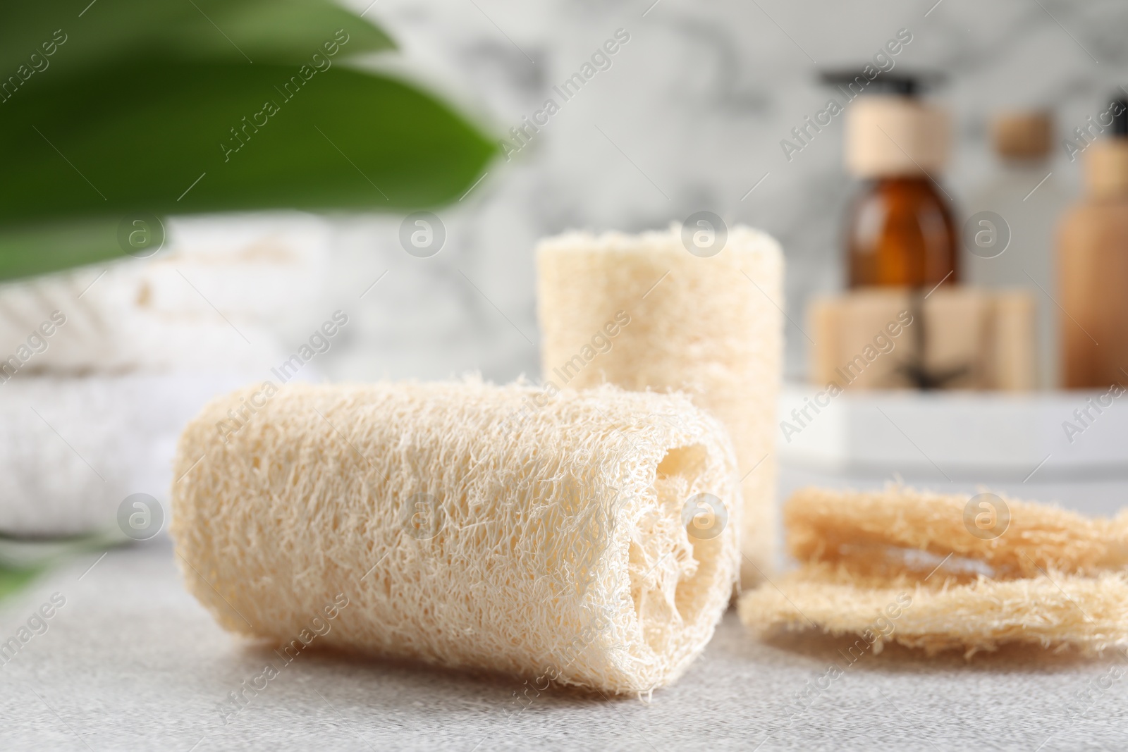 Different loofah sponges and cosmetic products on light grey table, closeup Photo of Different loofah sponges and cosmetic products on light grey table, closeup