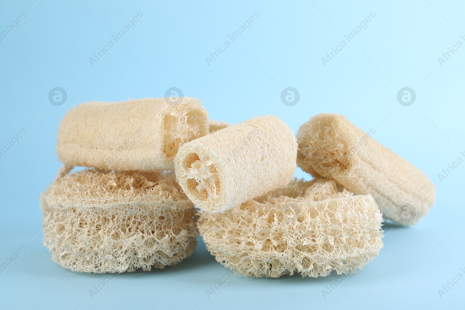 Different loofah sponges on light blue background, closeup Photo of Different loofah sponges on light blue background, closeup