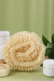 Photo of Loofah sponges and jars of cosmetic product on olive background, closeup