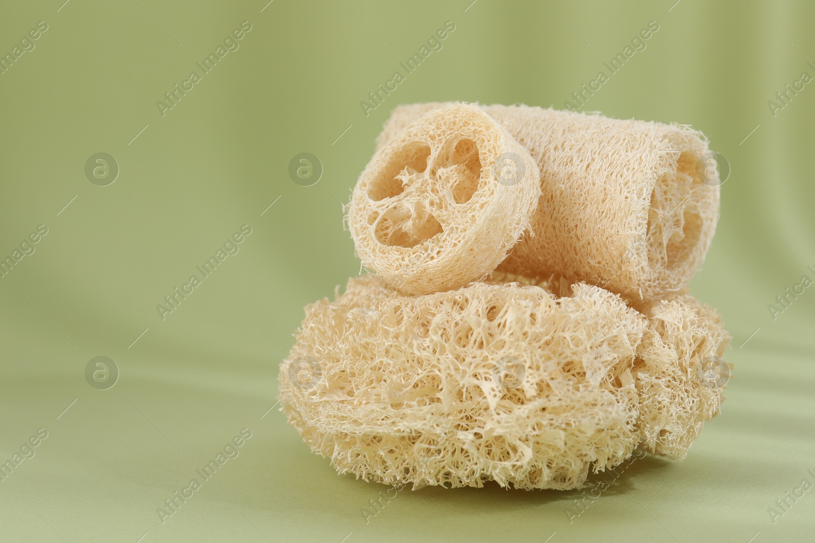 Different loofah sponges on olive background, closeup. Space for text Photo of Different loofah sponges on olive background, closeup. Space for text