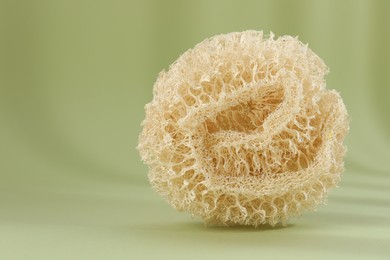 Photo of One loofah sponge on olive background, closeup. Space for text