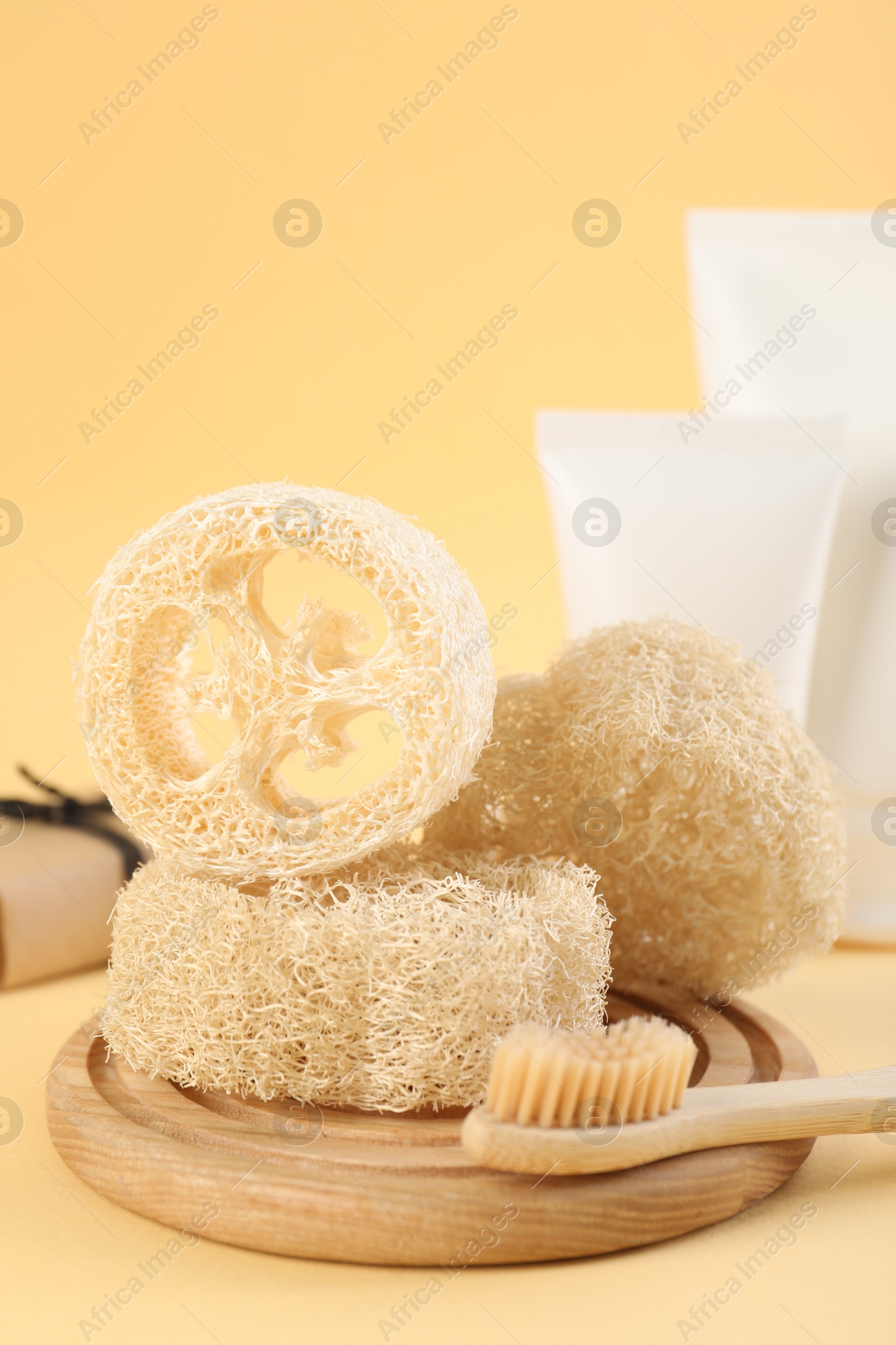 Loofah sponges, toothbrush, tubes of cosmetic product and soap on beige background, closeup Photo of Loofah sponges, toothbrush, tubes of cosmetic product and soap on beige background, closeup