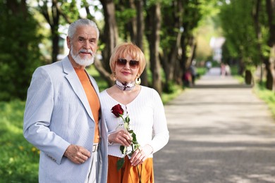 Photo of Lovely senior couple with rose in park, space for text