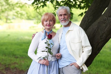 Photo of Lovely senior couple with rose in park