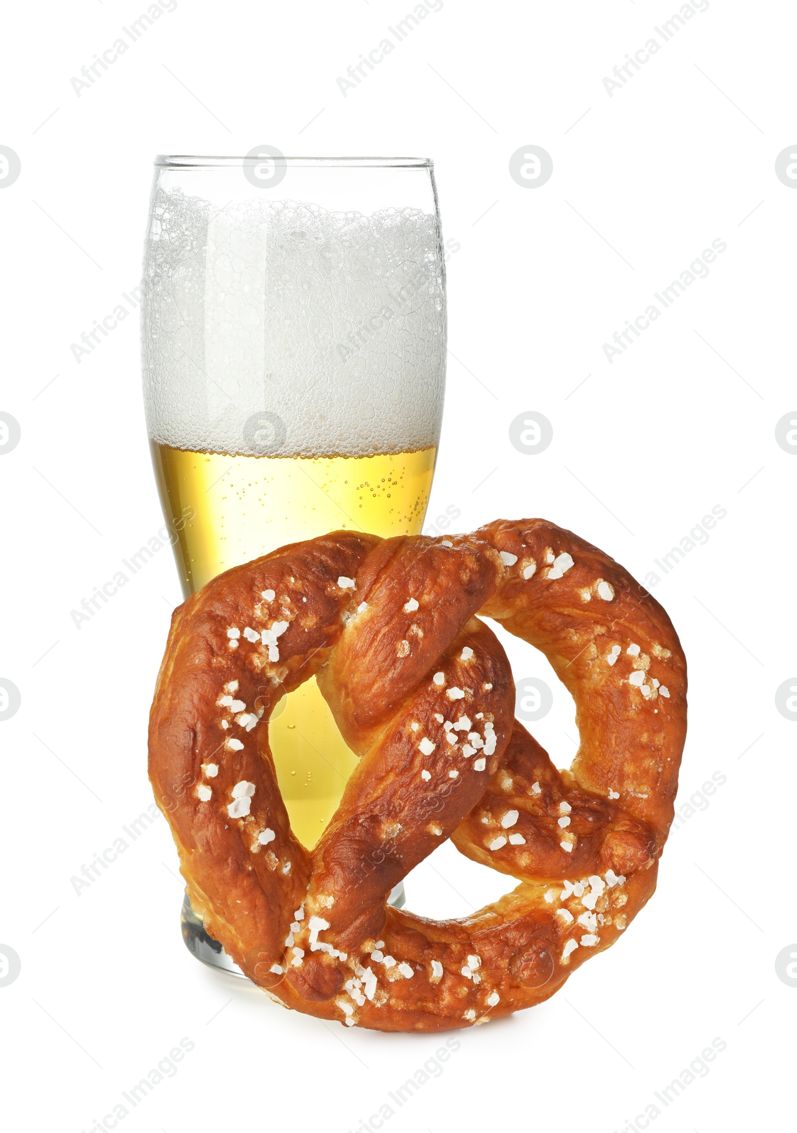 Photo of Tasty pretzel and glass of beer isolated on white