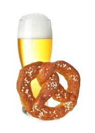 Photo of Tasty pretzel and glass of beer isolated on white