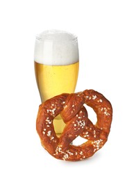 Photo of Tasty pretzel and glass of beer isolated on white