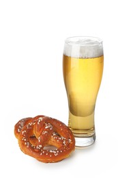 Photo of Tasty pretzel and glass of beer isolated on white