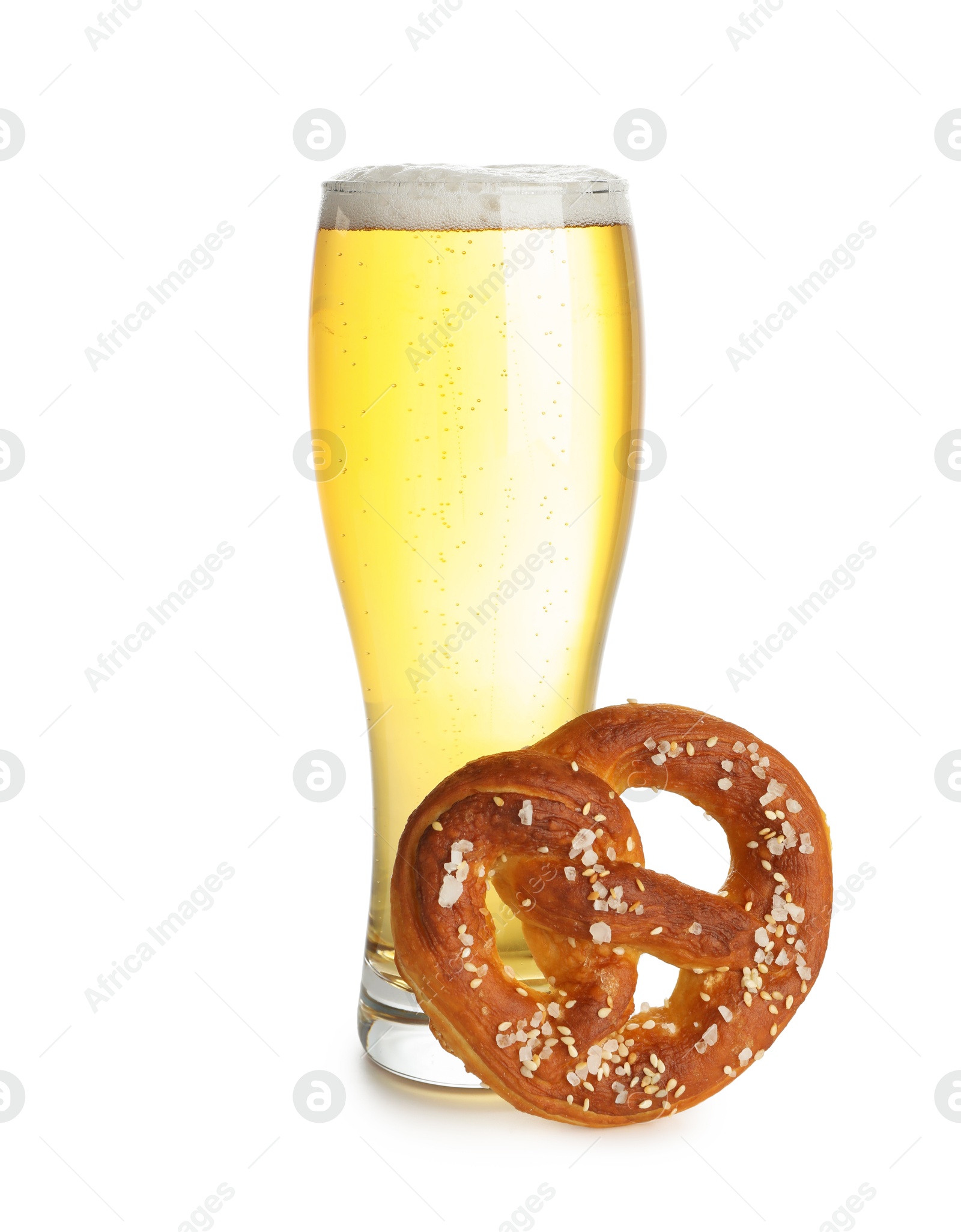 Tasty pretzel and glass of beer isolated on white Photo of Tasty pretzel and glass of beer isolated on white