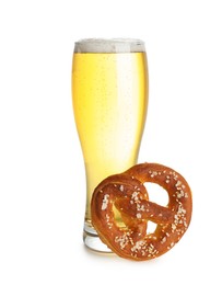 Photo of Tasty pretzel and glass of beer isolated on white