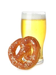 Photo of Tasty pretzel and glass of beer isolated on white