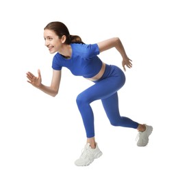 Photo of Woman in sportswear running on white background