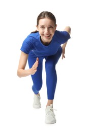 Photo of Woman in sportswear running on white background