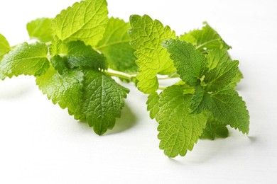 Photo of Fresh lemon balm leaves on white table, closeup