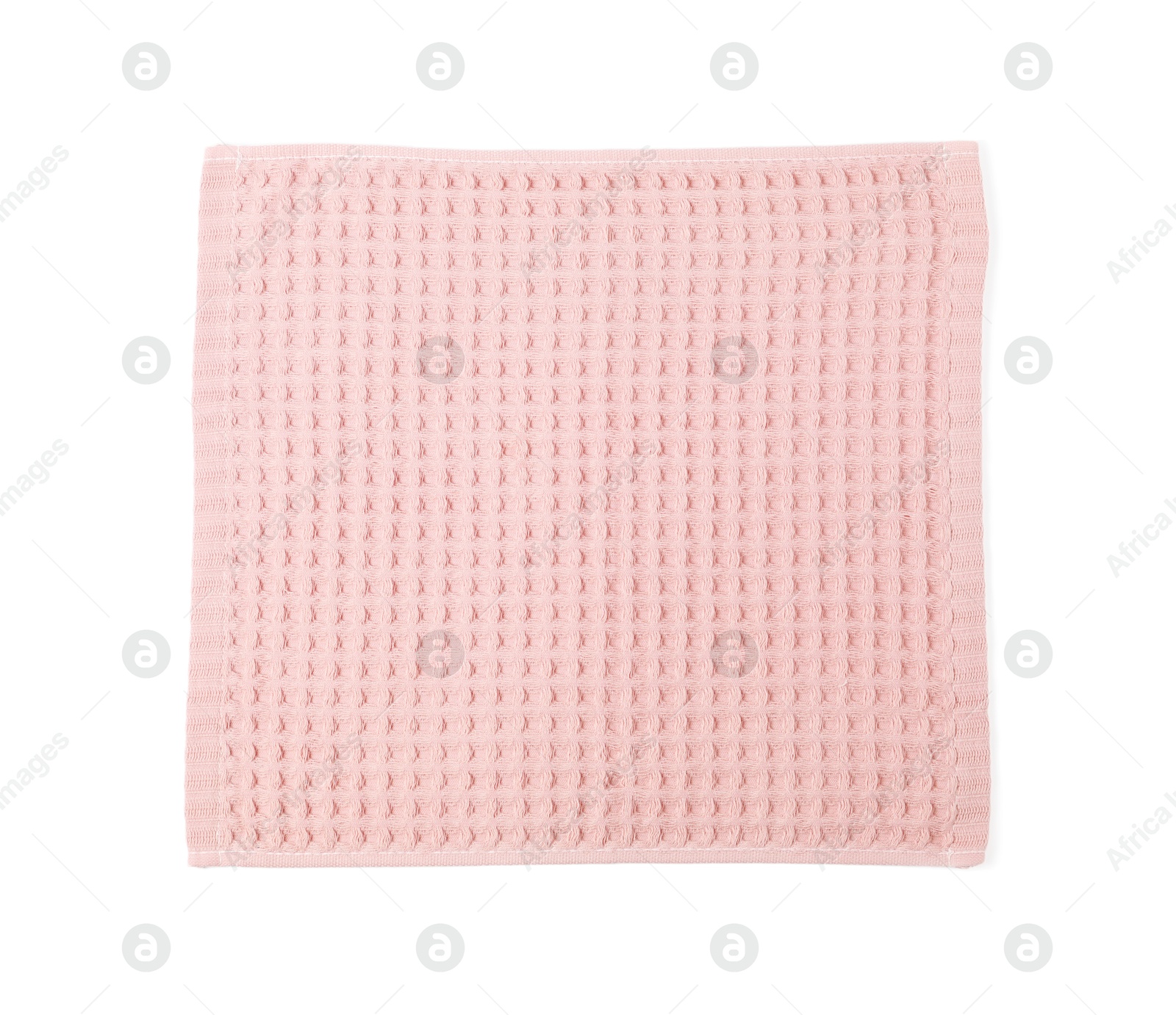 Clean pink waffle towel isolated on white, top view Photo of Clean pink waffle towel isolated on white, top view