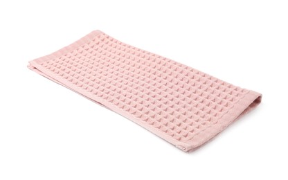 Photo of Clean pink waffle towel isolated on white
