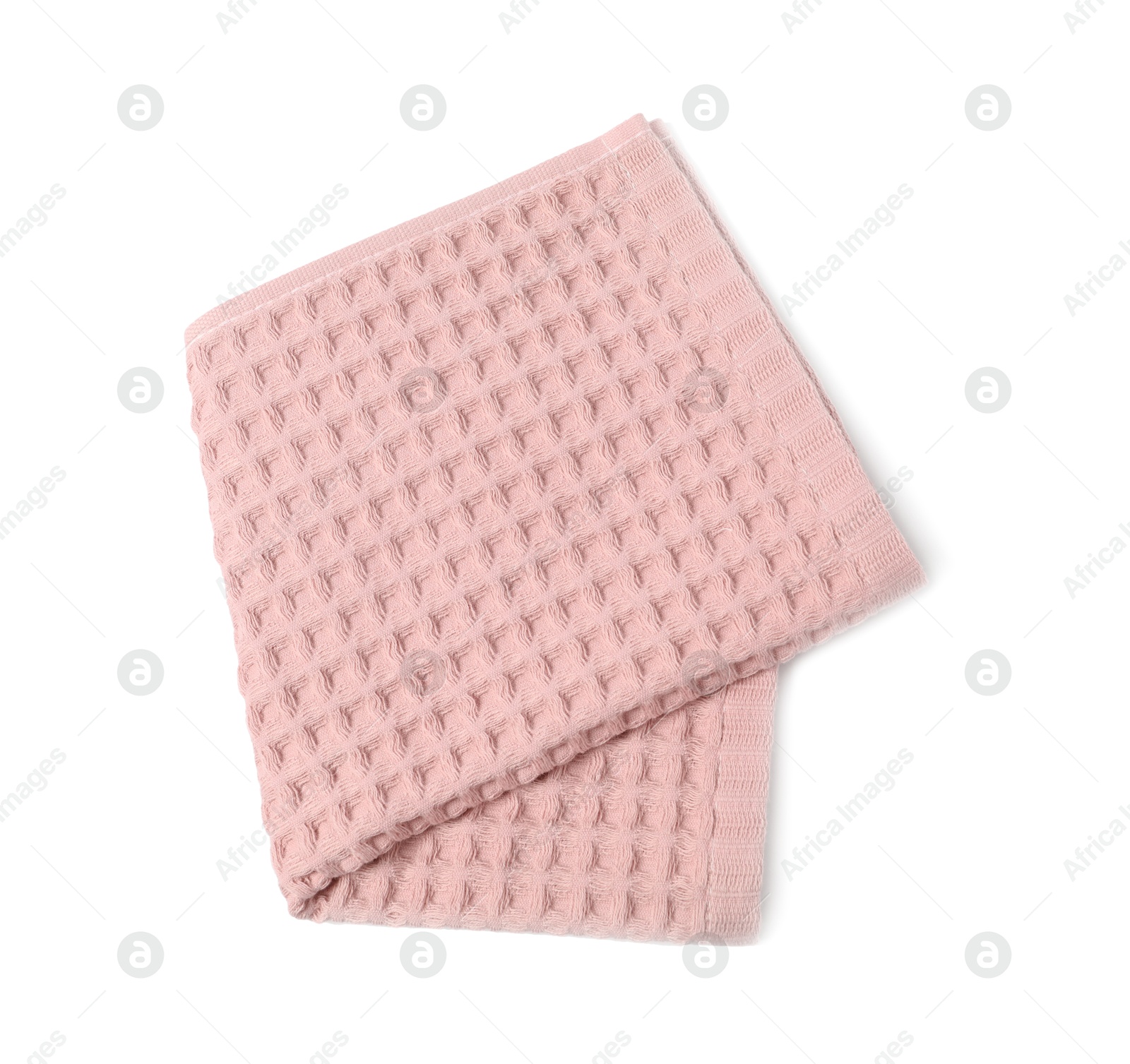 Clean pink waffle towel isolated on white, top view Photo of Clean pink waffle towel isolated on white, top view