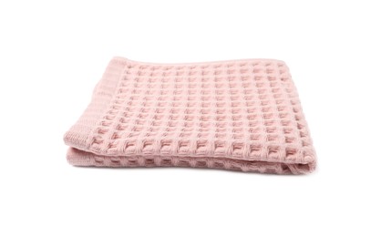 Photo of Clean pink waffle towel isolated on white