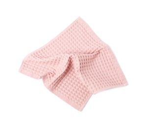 Photo of Clean pink waffle towel isolated on white, top view