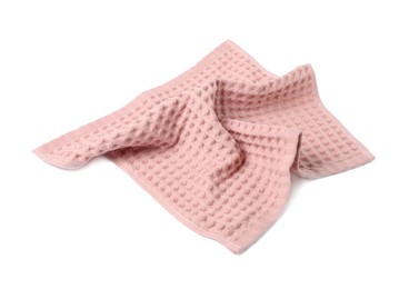 Photo of Clean pink waffle towel isolated on white