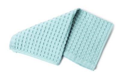 Photo of Clean light blue waffle towel isolated on white, top view