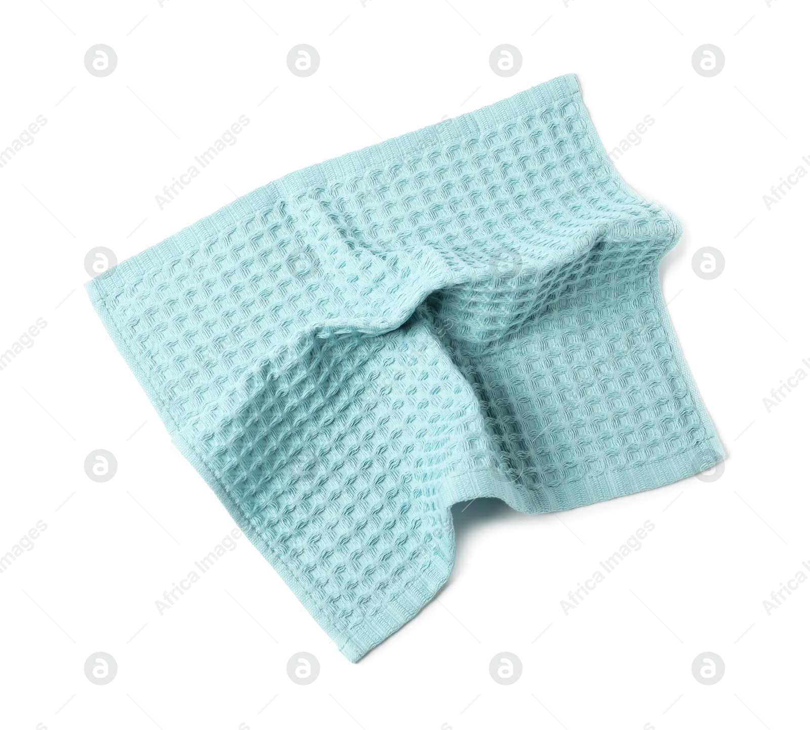 Clean light blue waffle towel isolated on white, top view Photo of Clean light blue waffle towel isolated on white, top view