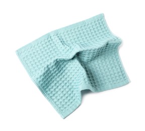 Photo of Clean light blue waffle towel isolated on white, top view