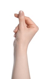 Photo of Woman holding something in hand on white background, closeup