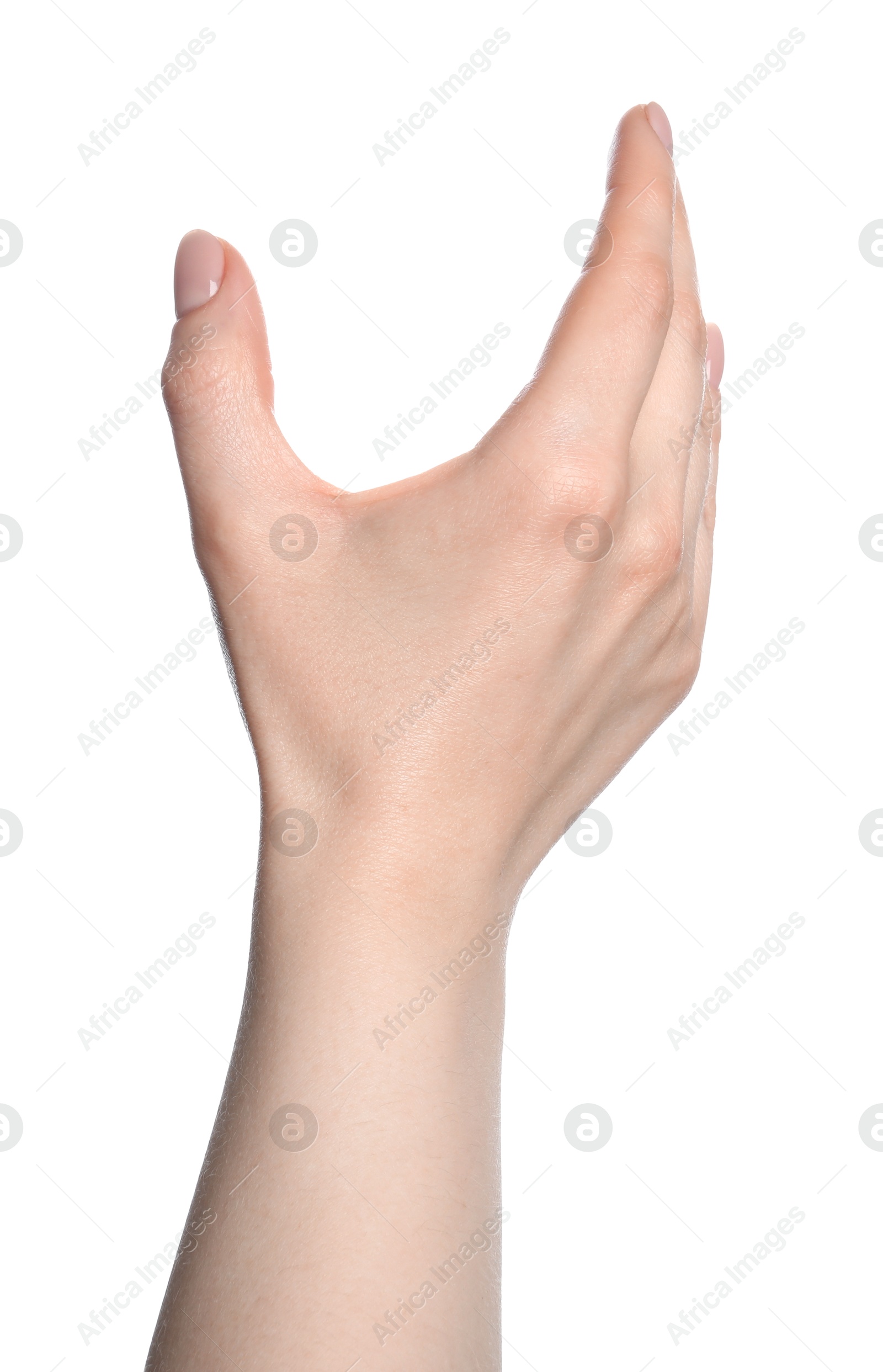 Woman holding something in hand on white background, closeup Photo of Woman holding something in hand on white background, closeup