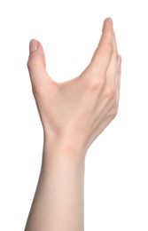 Photo of Woman holding something in hand on white background, closeup