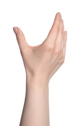 Photo of Woman holding something in hand on white background, closeup
