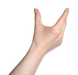 Photo of Woman holding something in hand on white background, closeup