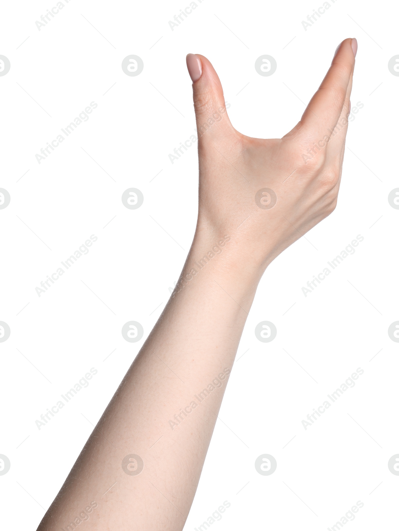 Woman holding something in hand on white background, closeup Photo of Woman holding something in hand on white background, closeup