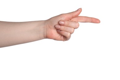 Photo of Woman holding something in hand on white background, closeup