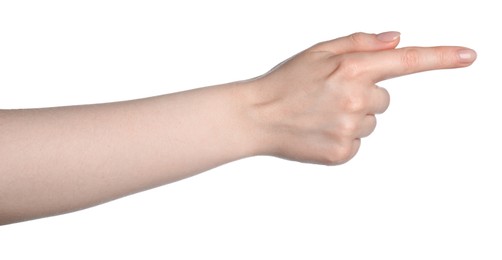 Photo of Woman holding something in hand on white background, closeup