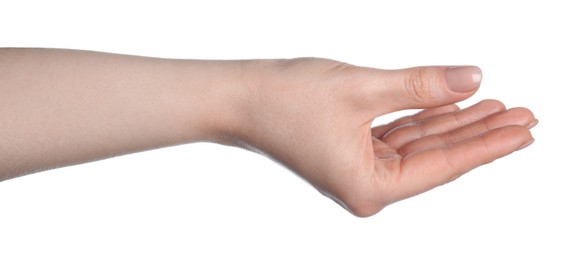 Photo of Woman holding something in hand on white background, closeup