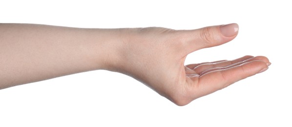 Photo of Woman holding something in hand on white background, closeup