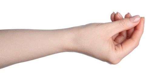 Photo of Woman holding something in hand on white background, closeup