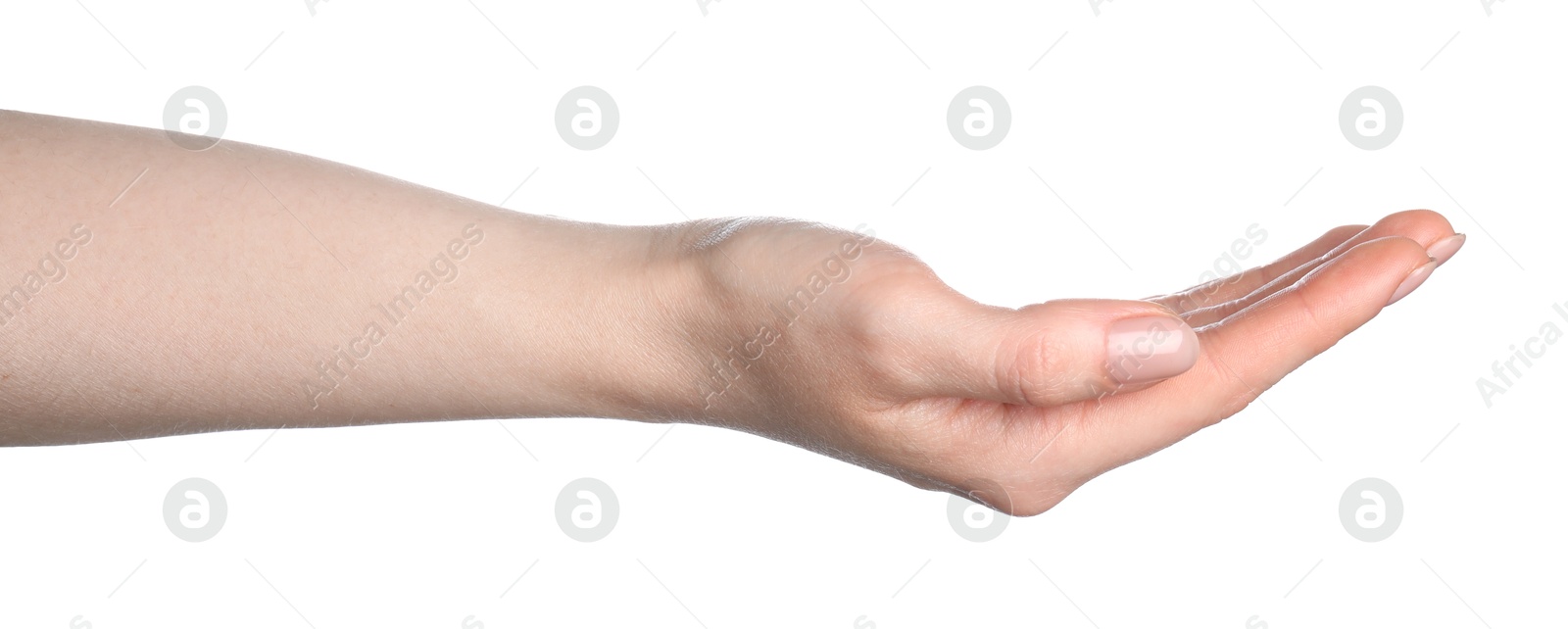 Woman holding something in hand on white background, closeup Photo of Woman holding something in hand on white background, closeup