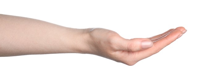 Photo of Woman holding something in hand on white background, closeup